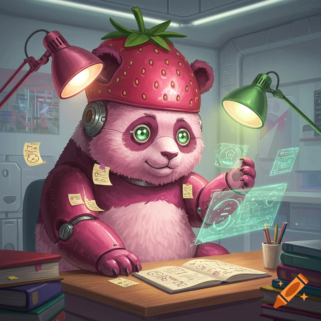 A pink panda robot wearing a strawberry hat sits at a desk, surrounded by books and glowing holographic screens, studying.