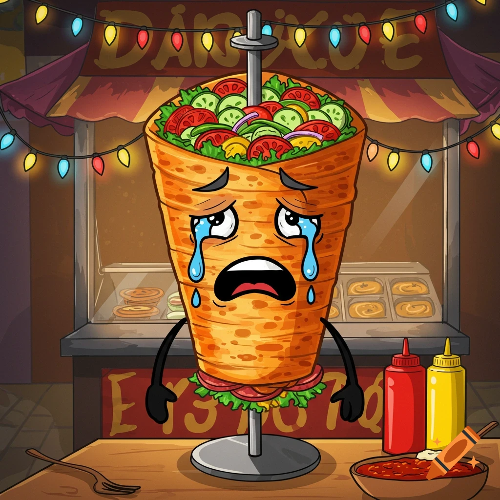 Cartoon crying doner kebab on a spit in front of a food stand with colorful string lights.