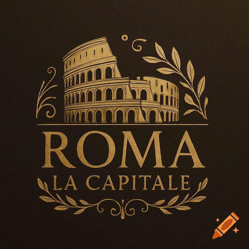 A golden logo on a dark background, featuring the Colosseum, olive branches, and the text 'ROMA LA CAPITALE'.