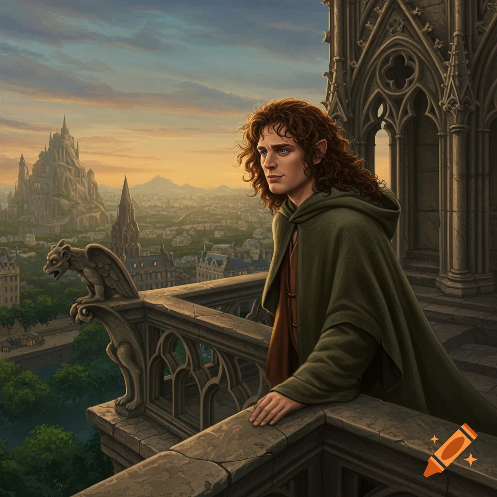 A fantasy character resembling a hobbit stands on a gothic cathedral balcony with a gargoyle, looking out over a city at sunset.