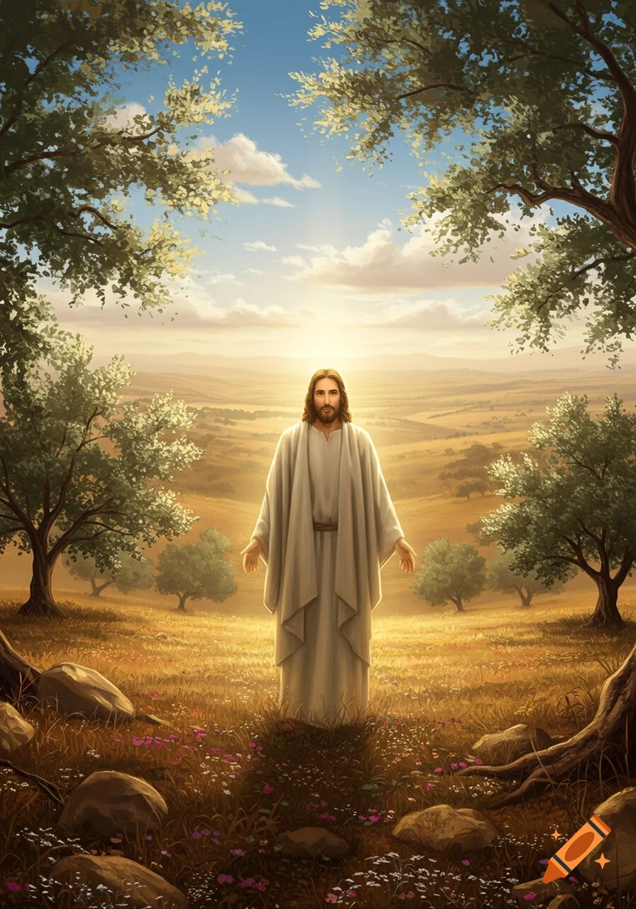 An illustration of Jesus Christ standing in a sun-drenched field with olive trees and mountains in the background.