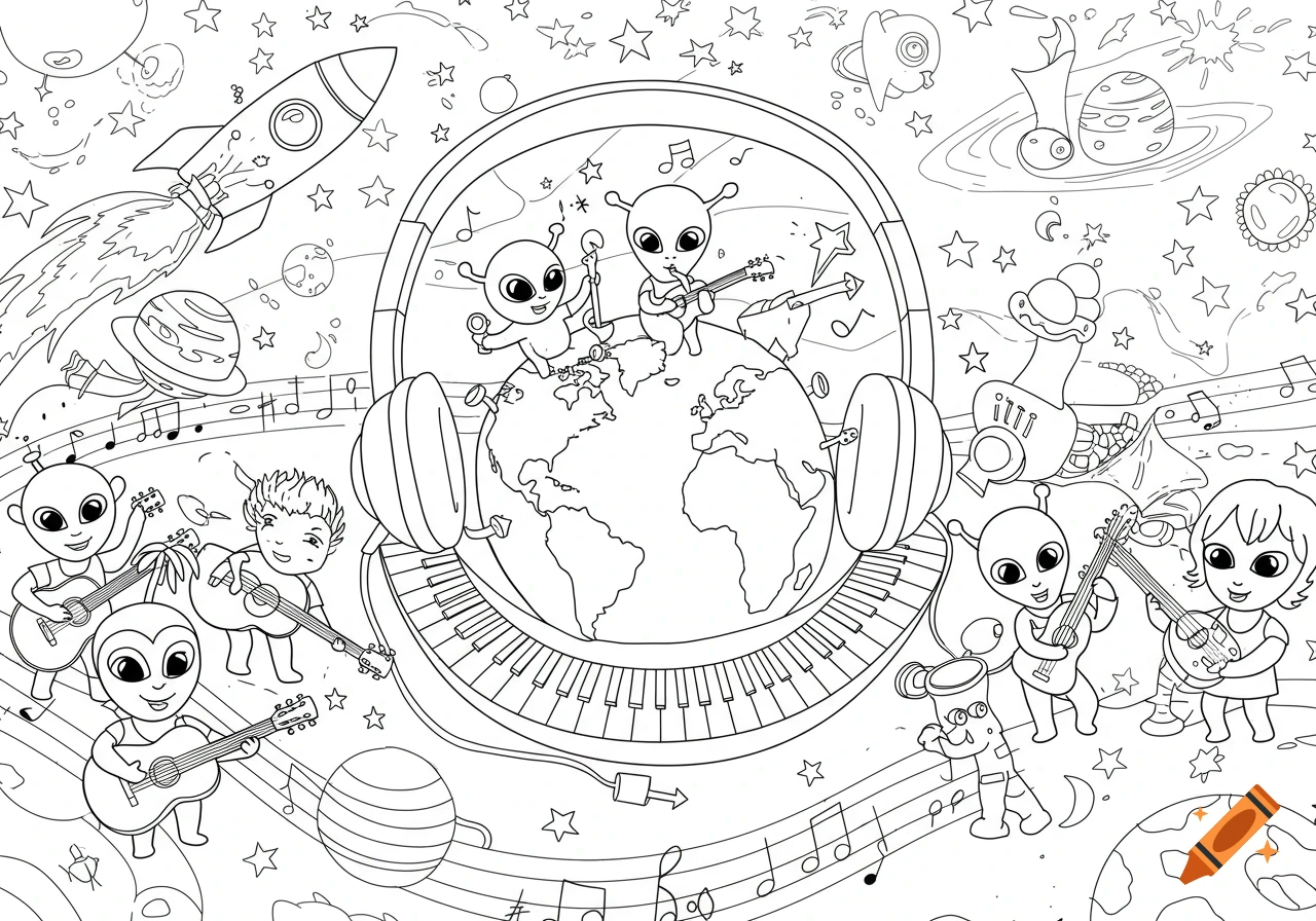 Black line art coloring page of space and music with aliens, kids, planets, rockets, and musical instruments.