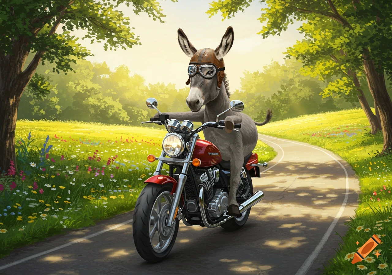 A cartoon donkey wearing a helmet and goggles rides a red motorcycle down a winding country road flanked by trees and wildflowers.