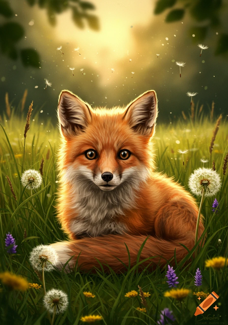 A cute, fluffy red fox with large eyes lies in a vibrant green field among dandelions and purple flowers, bathed in soft golden sunlight.