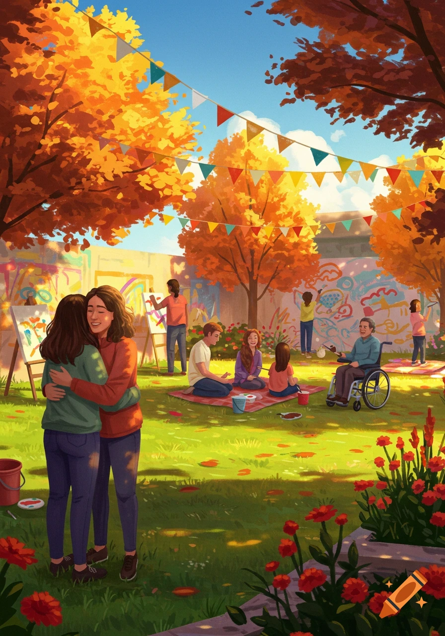 Colorful illustration of people at an autumn outdoor community art event, with two women hugging in the foreground.