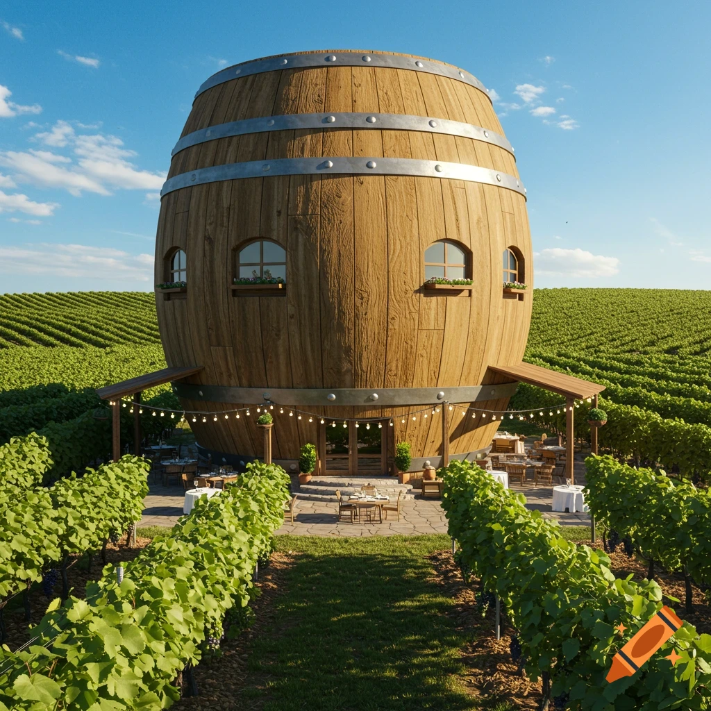 A large wooden barrel-shaped restaurant with windows and a patio, set in a sunny vineyard landscape. Photorealistic style.