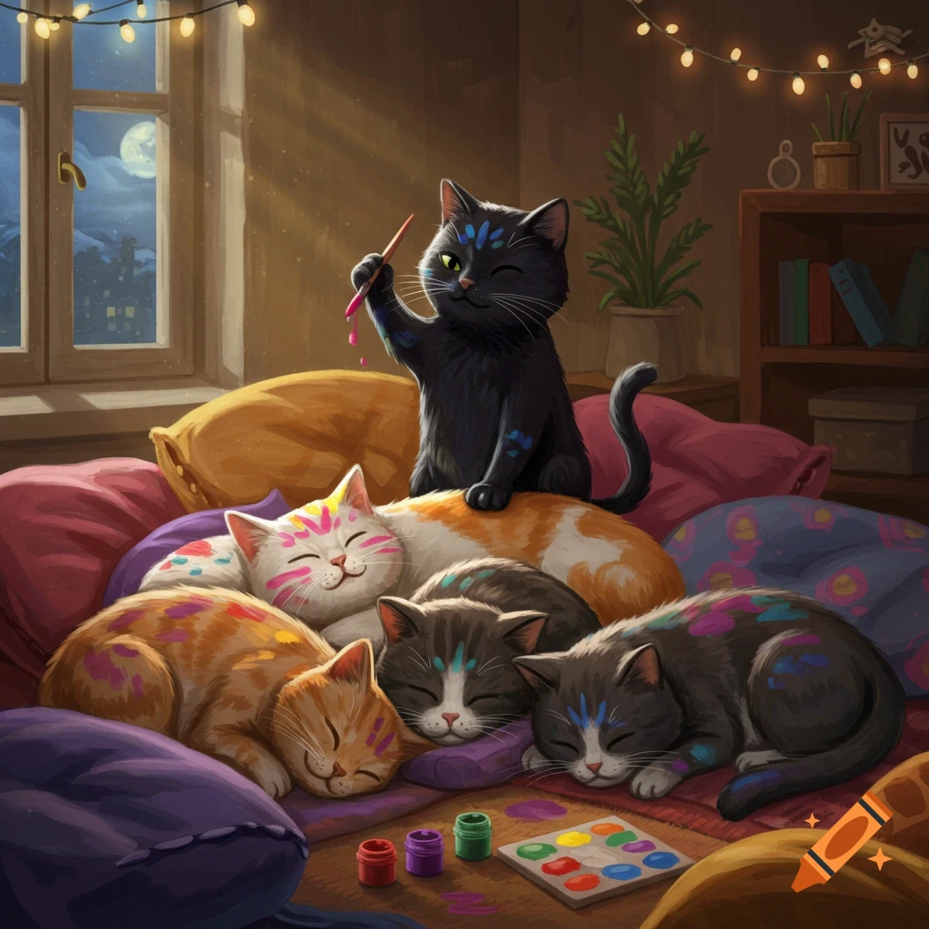 A black cat winks while painting its sleeping cat friends with colorful paint in a cozy room at night.