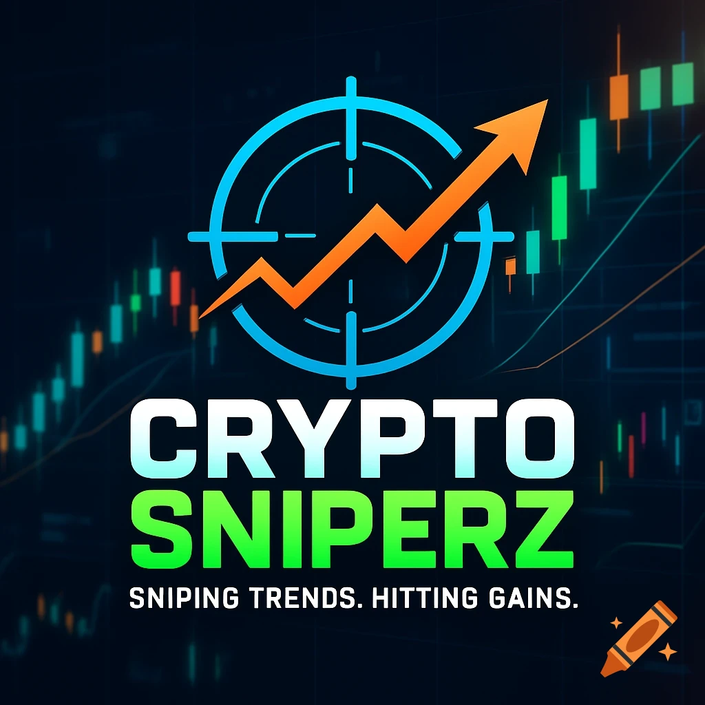 Logo for 'Crypto Sniperz' featuring a blue target, an orange upward trend line, and the slogan 'Sniping Trends. Hitting Gains.' on a candlestick chart background.