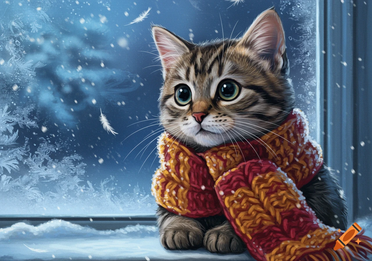 A cute tabby kitten wearing a red and orange knitted scarf, looking out a snowy, frosted window in a cartoon style illustration.