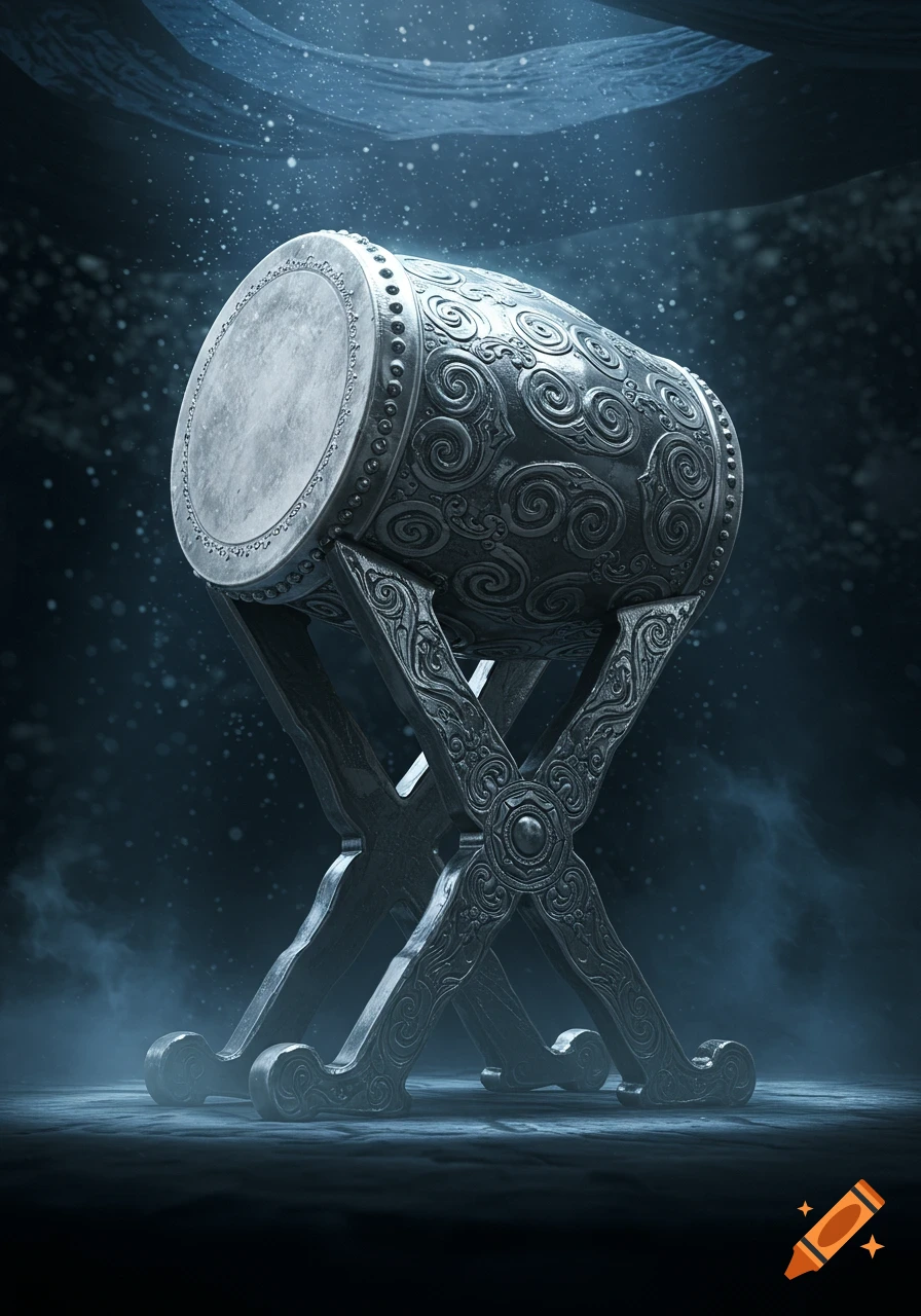 A silver, intricately carved drum with swirling patterns on a decorative X-shaped stand, illuminated in a dark, atmospheric setting.