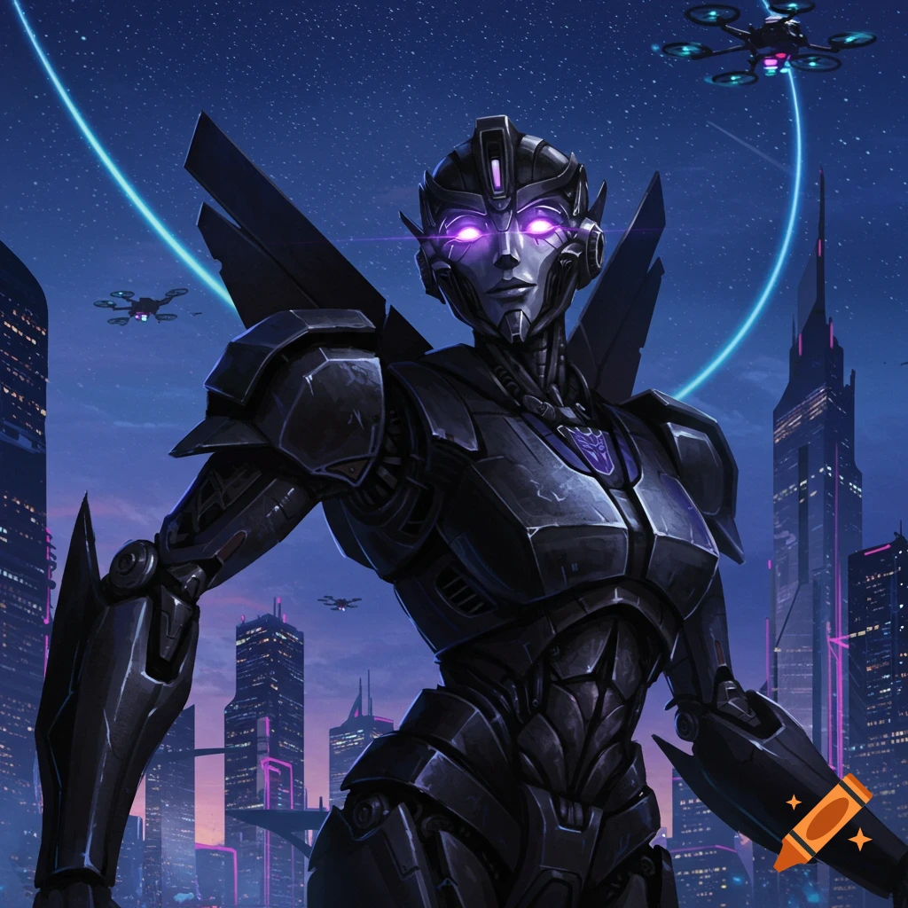 A female black robot with glowing purple eyes and a Decepticon logo stands in a futuristic city at night with drones.