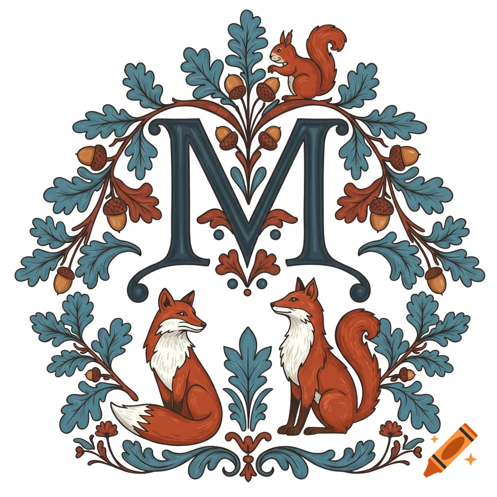 Ornate gothic letter M with two foxes, a squirrel, oak leaves, and acorns in Swedish folk art style.
