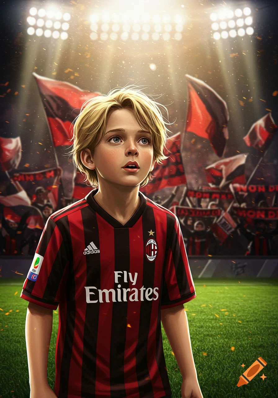 Blond boy in an AC Milan jersey looking up in a stadium with cheering fans and red flags, illustrated style.