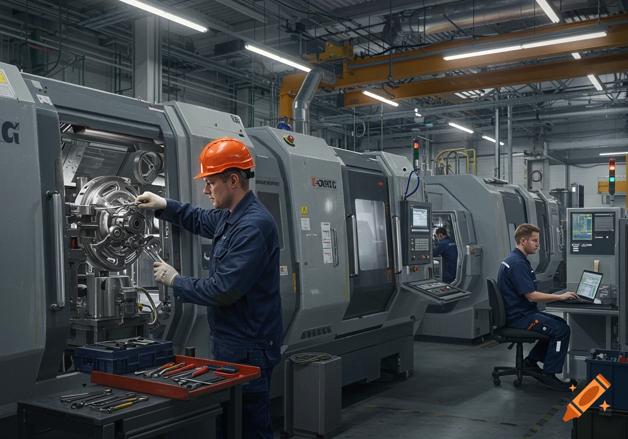 Two male workers in blue uniforms and an orange hard hat in a photorealistic modern factory hall with industrial machinery.