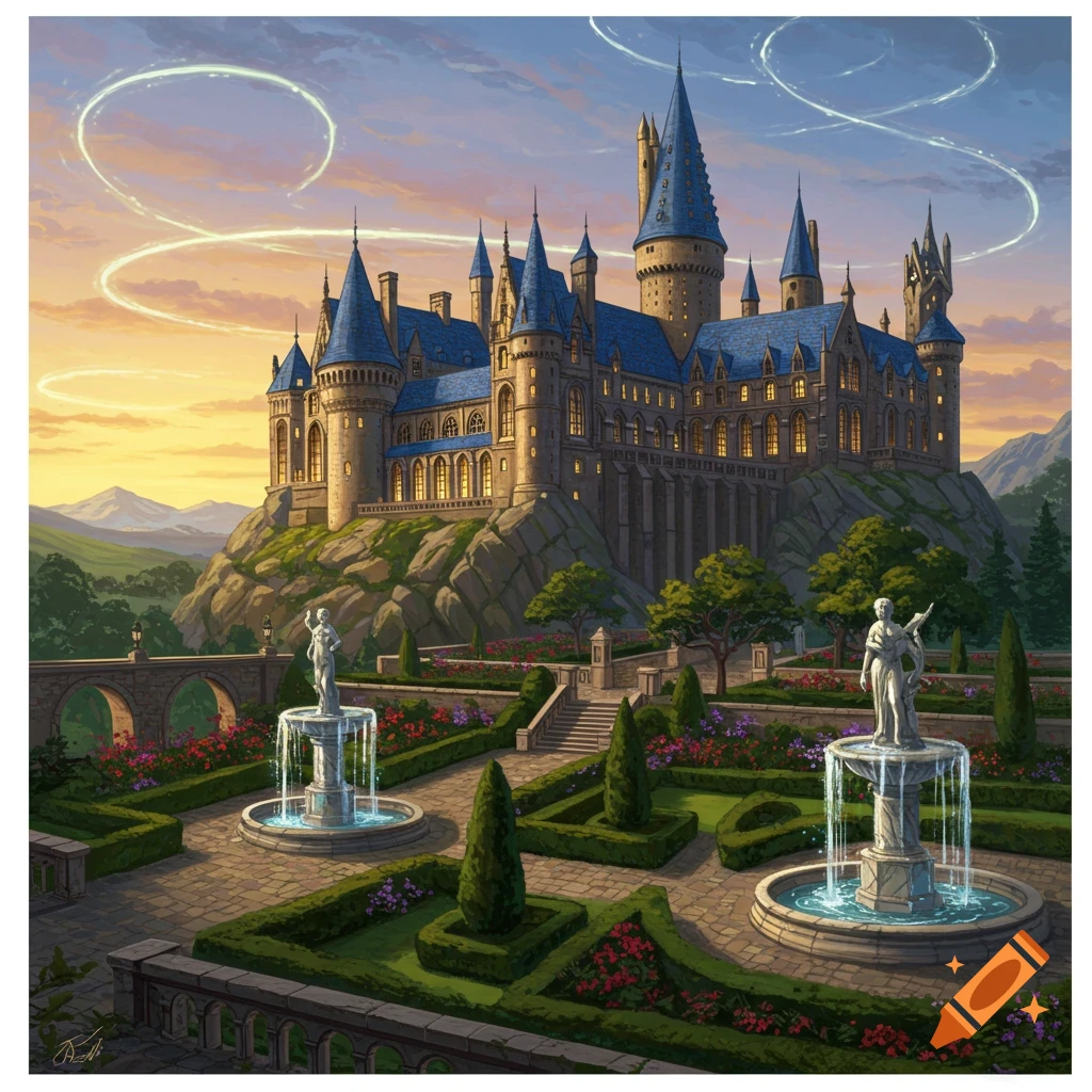 A grand, blue-roofed castle on a rocky hill overlooks elaborate formal gardens with fountains and statues under a sunset sky with magical light trails.