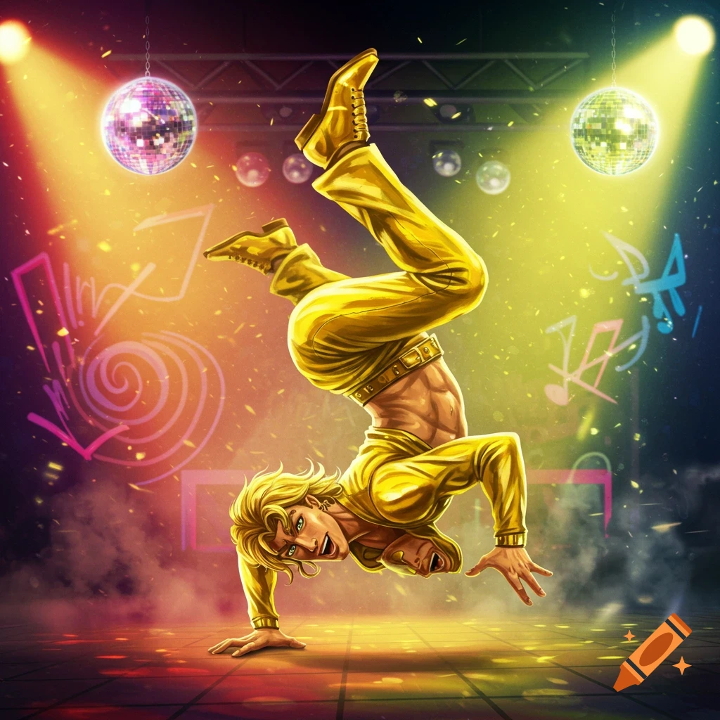 A muscular anime-style man in a bright yellow outfit breakdances on a stage with disco balls and colorful spotlights.