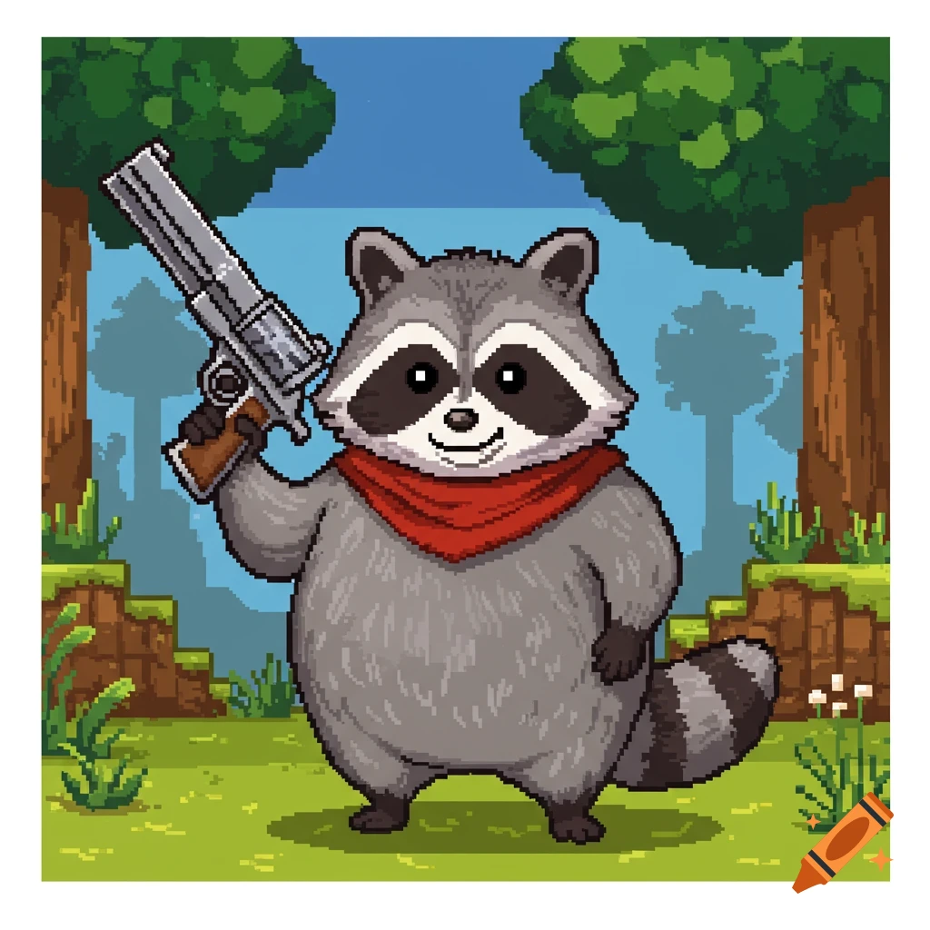 A fat pixel art raccoon wearing a red bandana, standing in a forest and holding a large pistol.