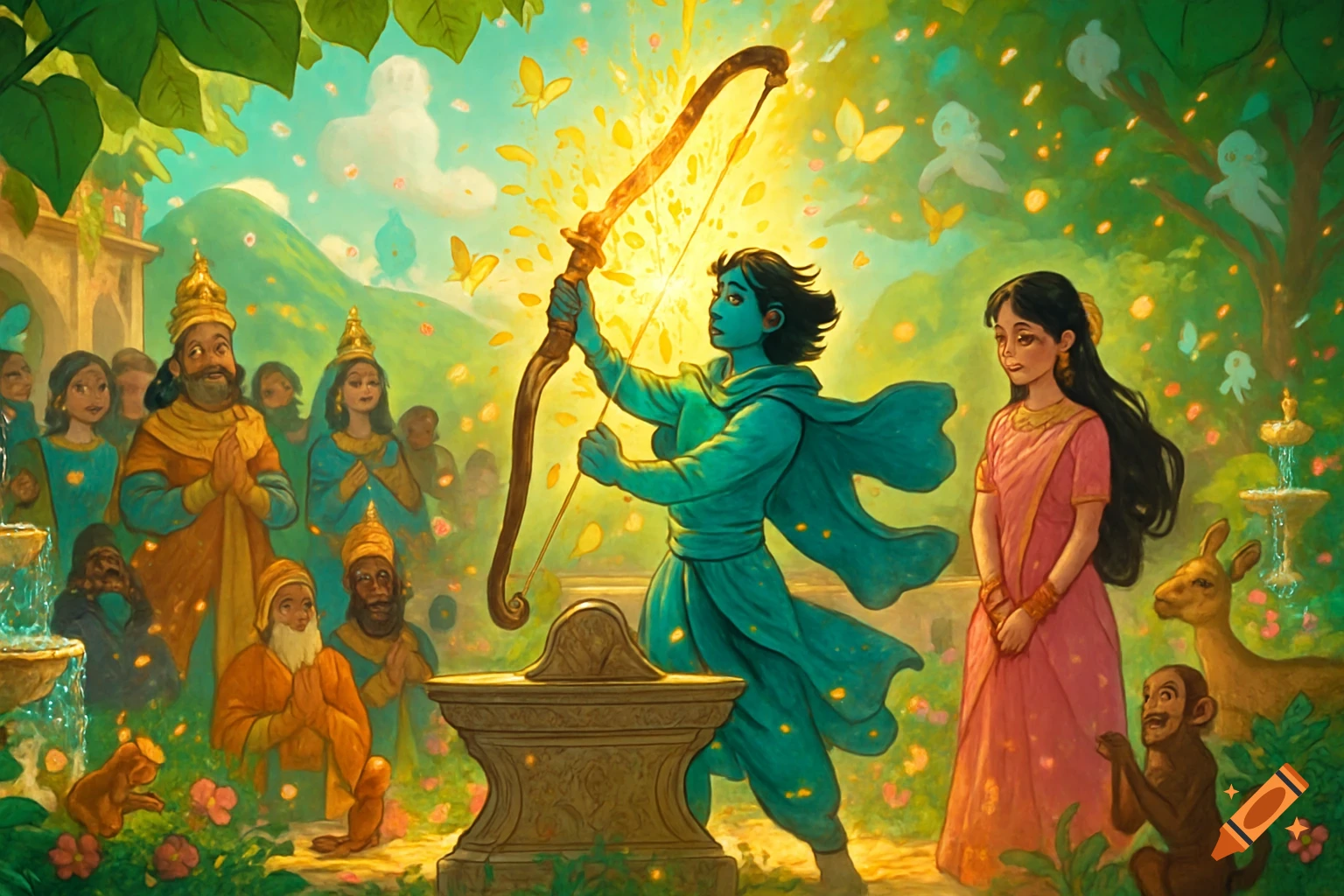Vibrant Miyazaki-style illustration of Rama drawing Shiva's bow, with Sita and a crowd observing in an enchanted royal court.