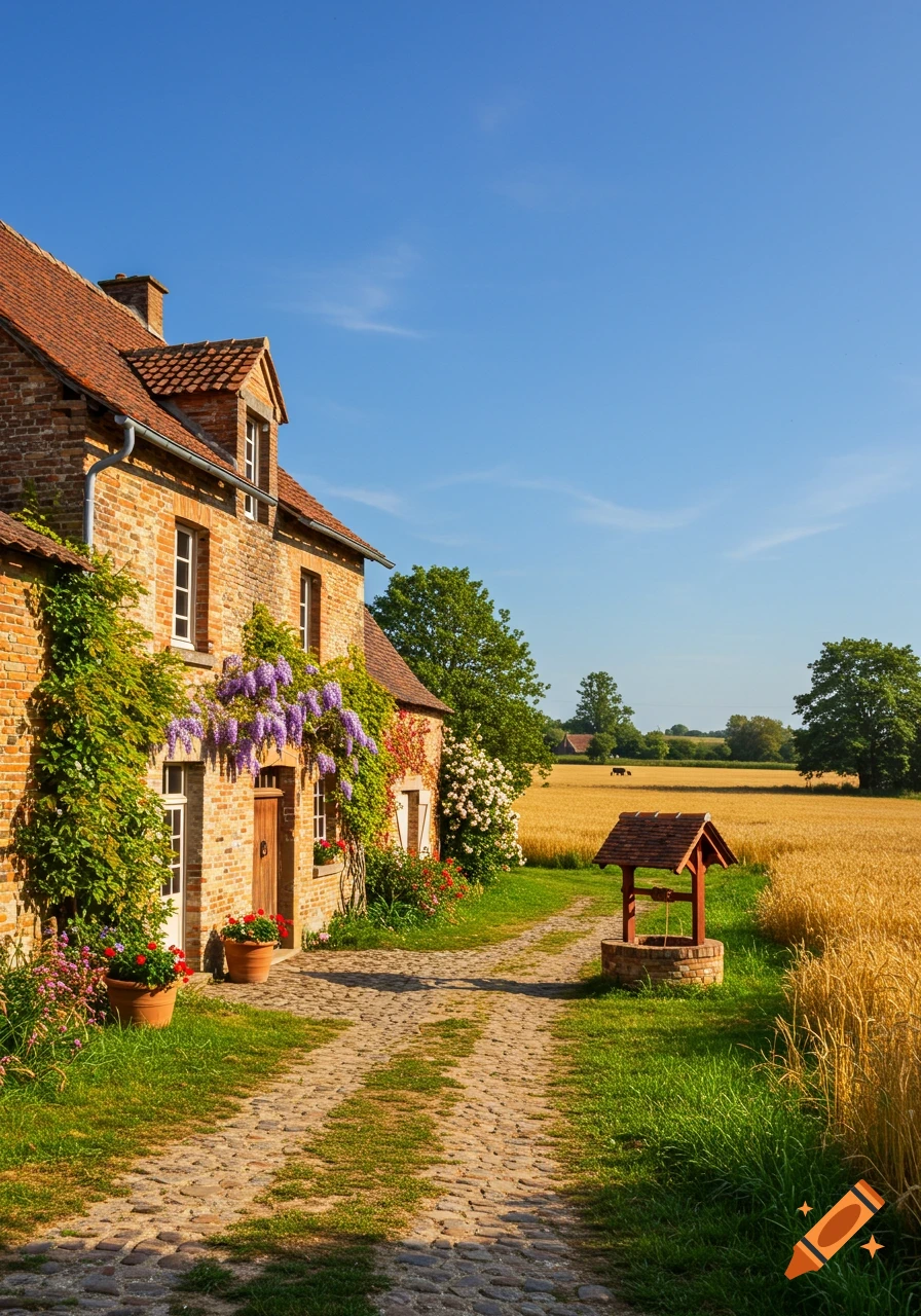 A rustic brick farmhouse adorned with wisteria, a cobbled path, and a wishing well, next to golden wheat fields under a clear blue sky.