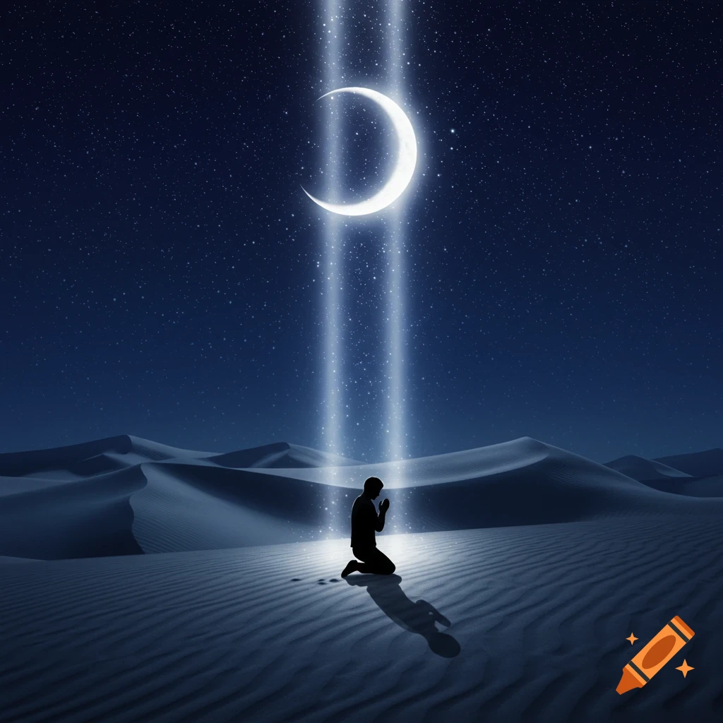 Silhouette of a person kneeling in prayer on desert dunes under a starry night sky with a glowing crescent moon and light beams.