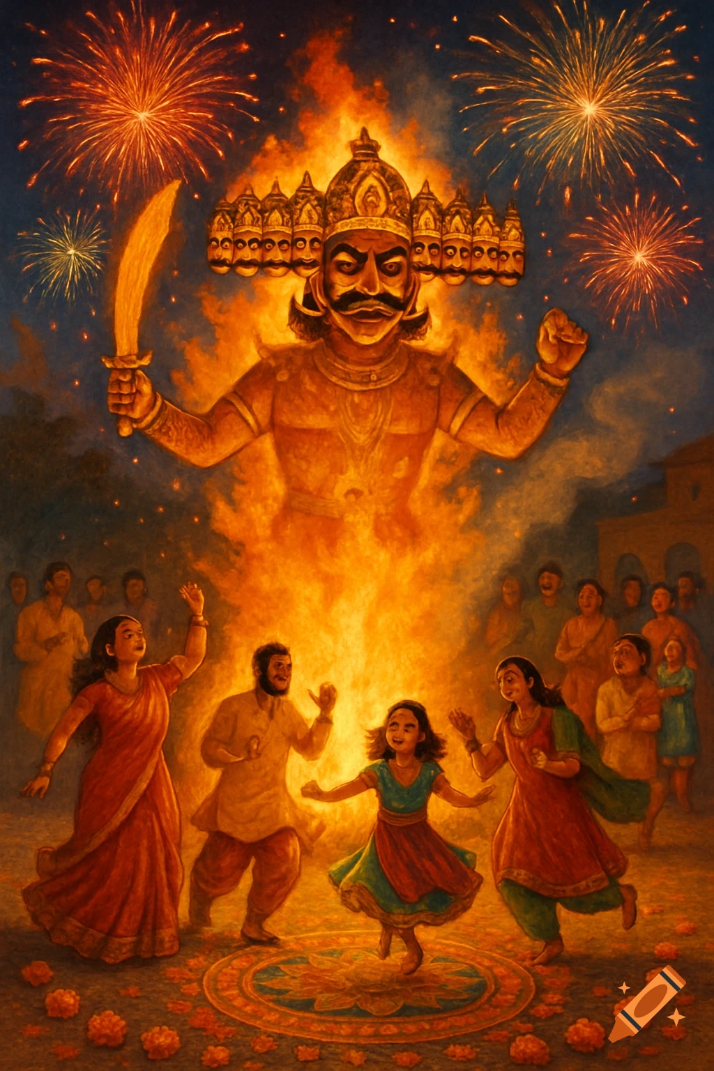 Vibrant painting of people celebrating a festival, with a multi-headed effigy burning in the center and fireworks lighting the night sky.