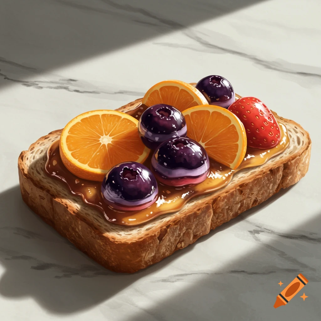 Toast topped with honey-like spread, orange slices, a strawberry, and several very glossy, dark purple glass-like berries on a marble surface.