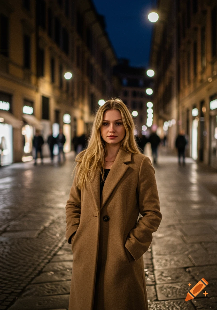 A blonde woman in a light brown coat stands on a cobblestone city street at night, with blurred lights and buildings in the background.