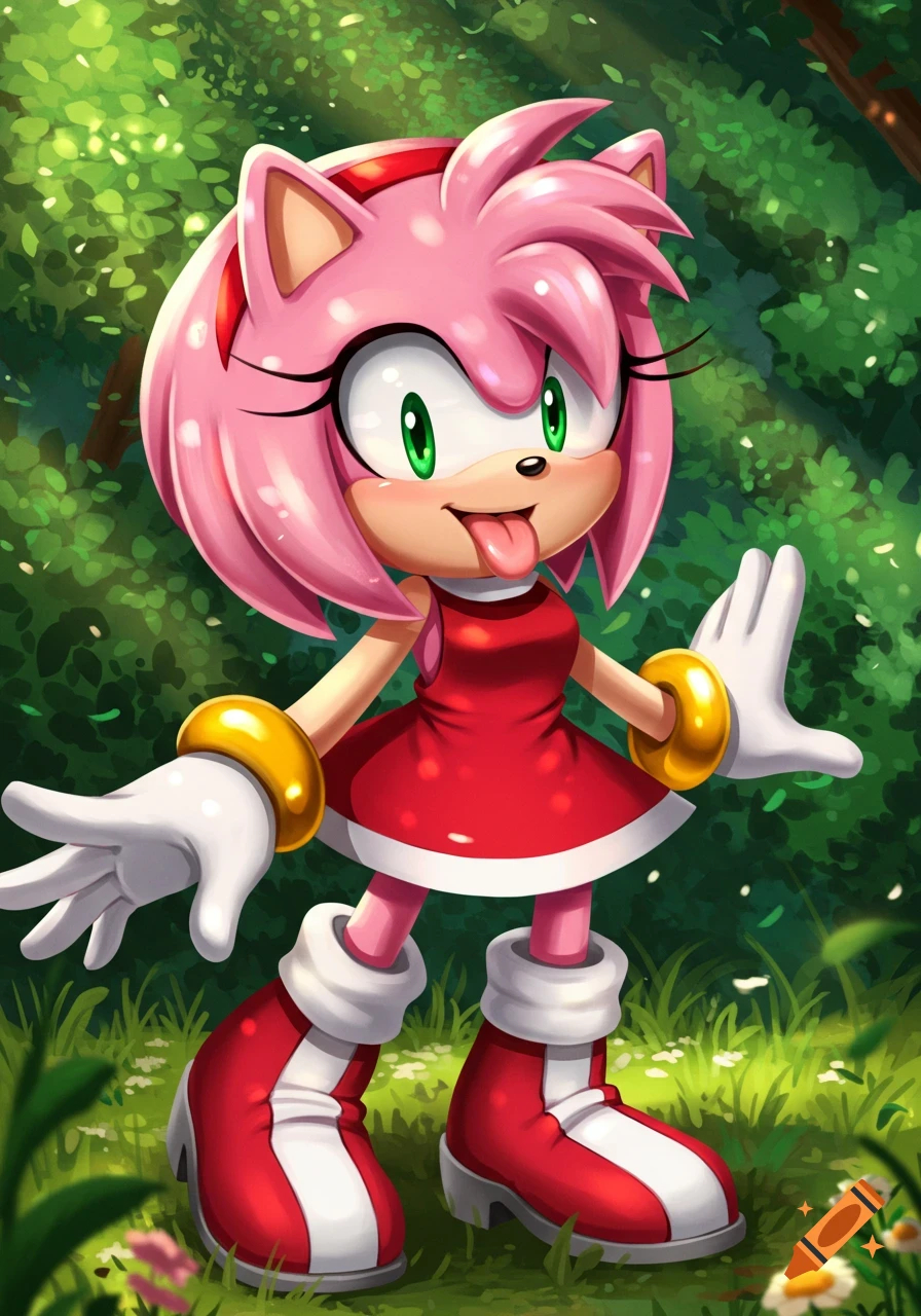 Vibrant cartoon image of Amy Rose from Sonic the Hedgehog sticking her tongue out in a sunny green forest.