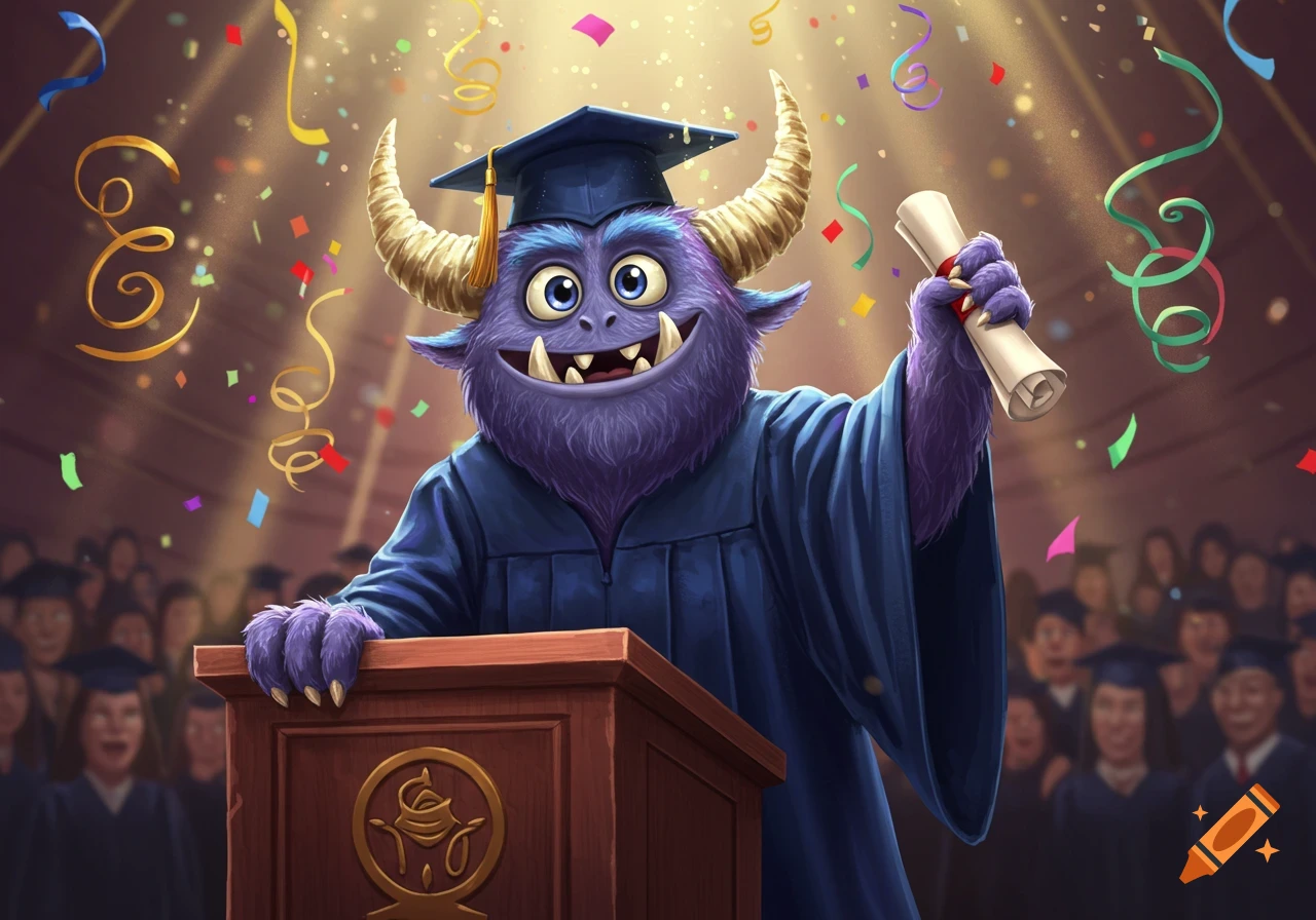 A happy purple monster in a graduation cap and gown stands at a podium, holding a diploma amidst confetti, in a vibrant cartoon style.