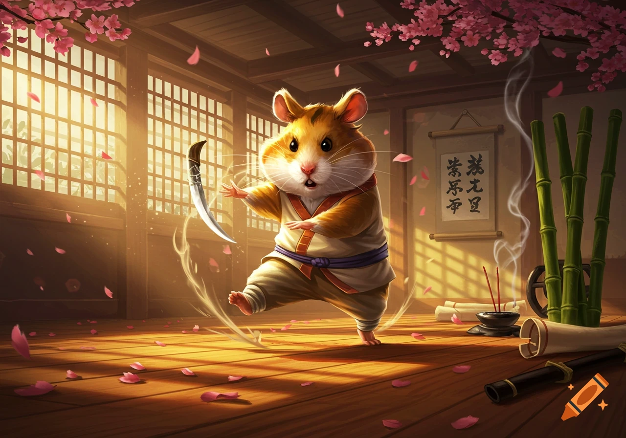 A cute hamster in a martial arts uniform practices kung fu with a small knife in an ornate, sunlit Japanese dojo.