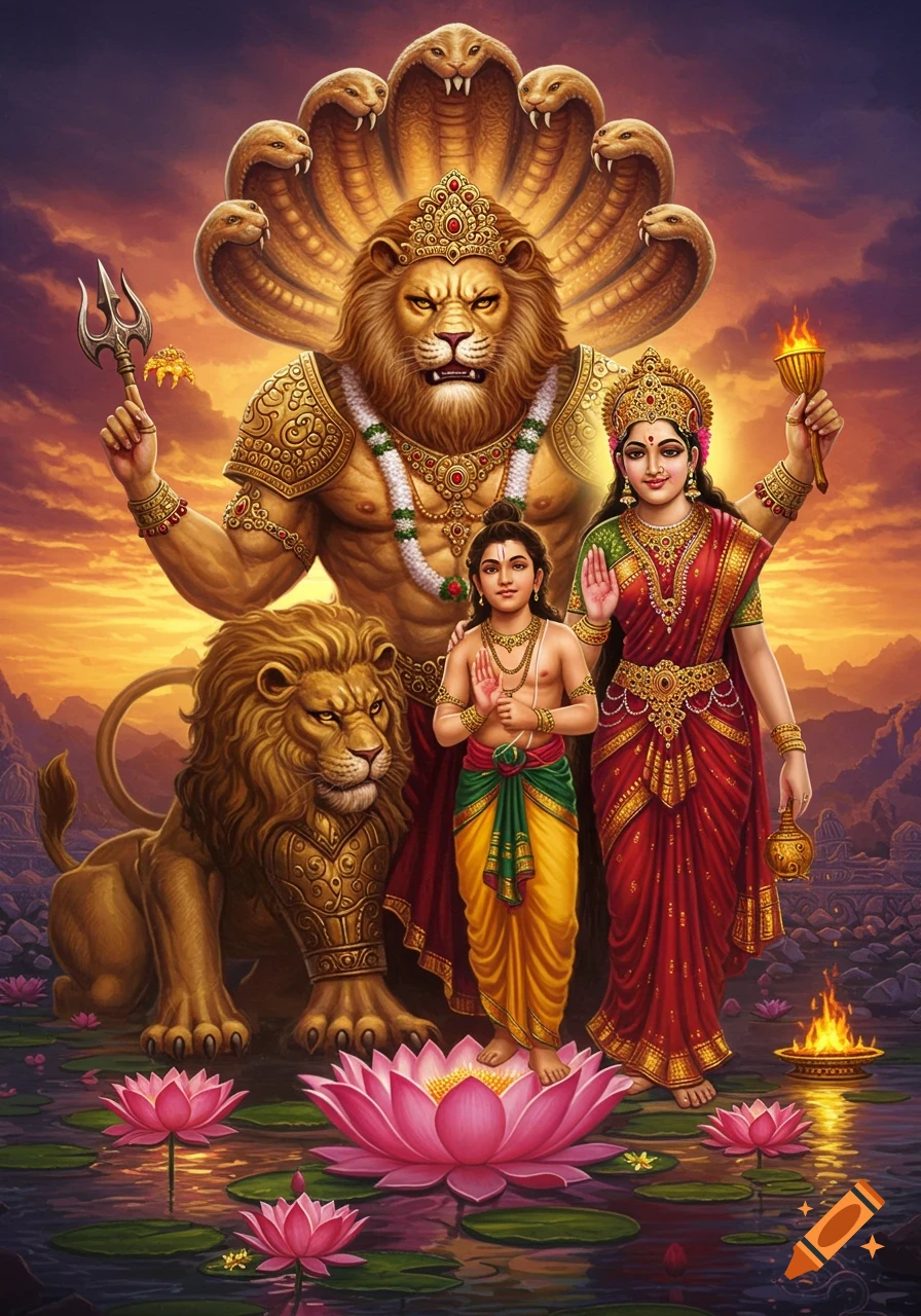 Vibrant digital painting of Narasimha (lion-headed deity), Lakshmi, and Prahlad, standing amidst lotus flowers on water at sunset. A lion and seven-headed naga are also present.