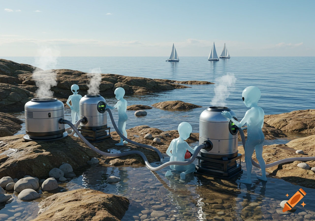 Blue, translucent aliens operate futuristic, steaming desalination machines on a rocky coast with sailboats on the horizon, photorealistic.