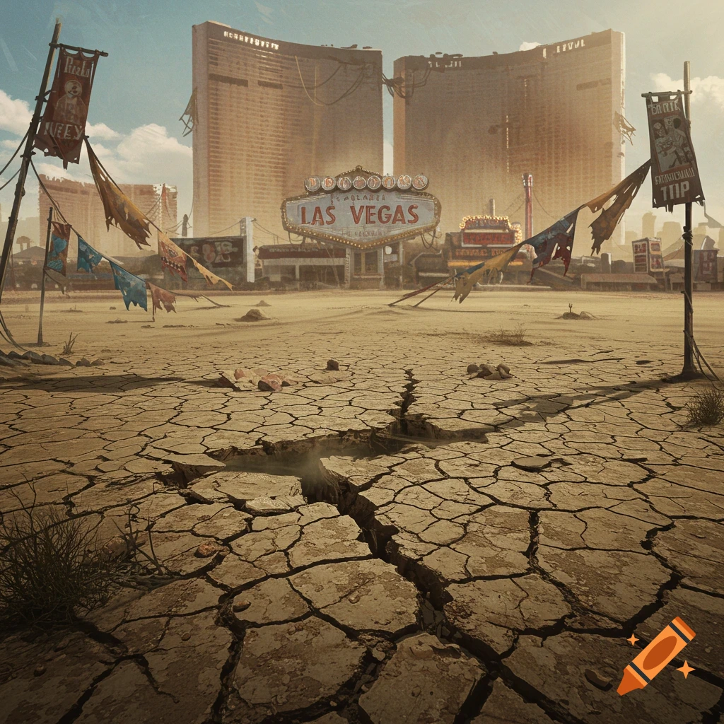 A desolate, post-apocalyptic Las Vegas with a cracked, dry desert floor in the foreground. Abandoned, crumbling buildings and a damaged 'Welcome to Las Vegas' sign are visible in the background under a dusty sky.