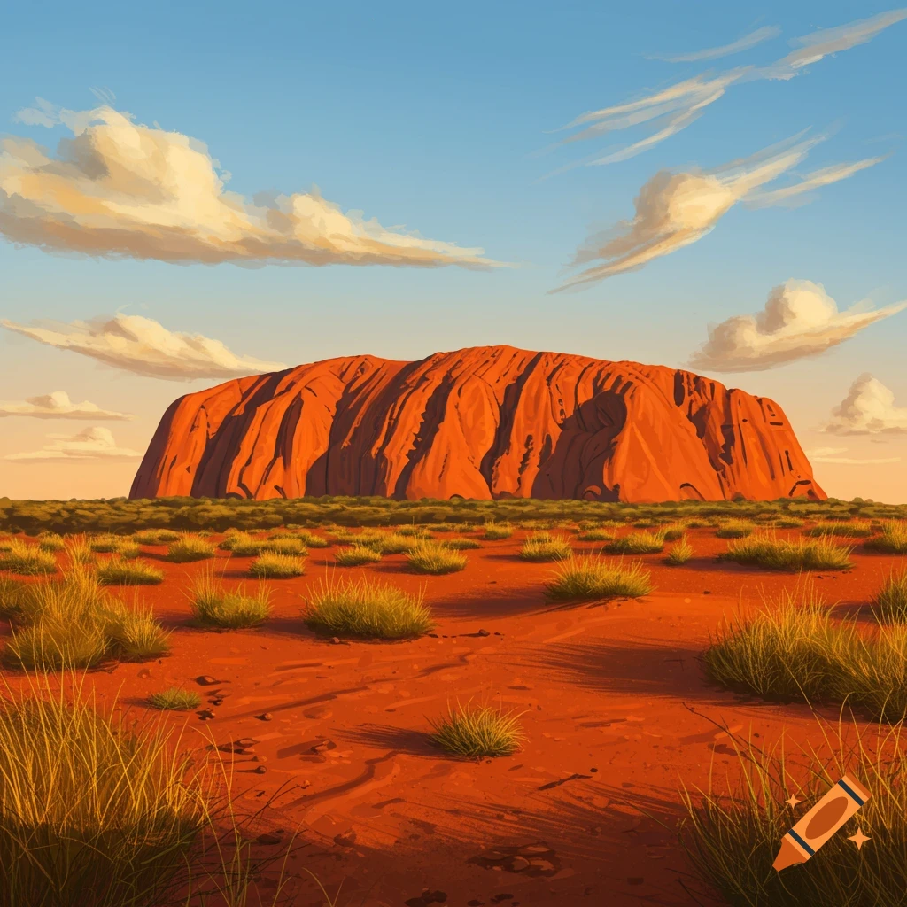 A vibrant illustration of a massive red rock formation in a vast desert landscape under a blue sky with clouds.