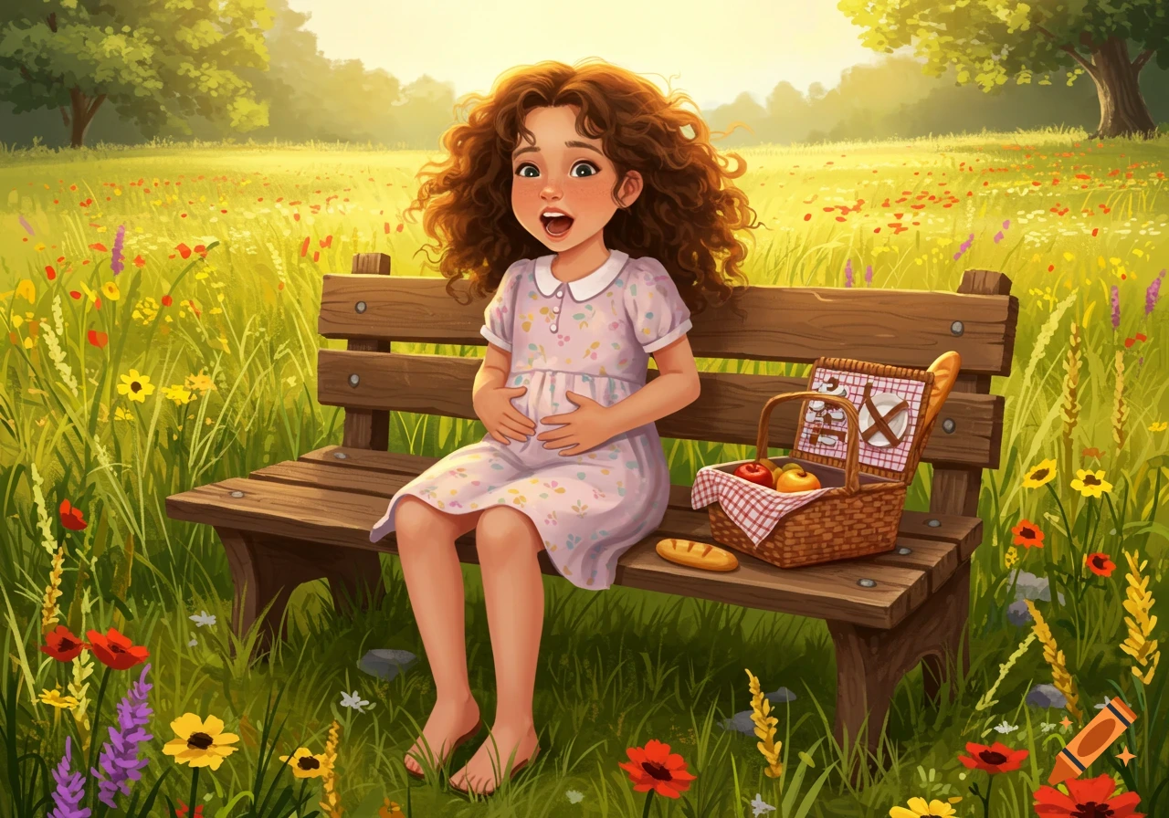 Cartoon illustration of a young girl with curly hair sitting barefoot on a bench in a sunny wildflower field, holding her stomach, next to a picnic basket.