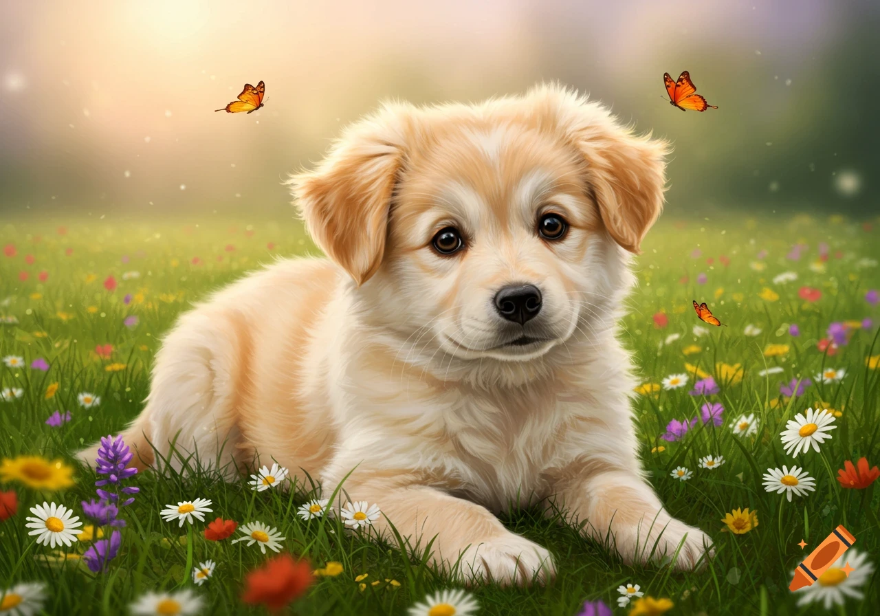 A fluffy golden puppy lies in a sunny field of colorful wildflowers with three butterflies flying around.