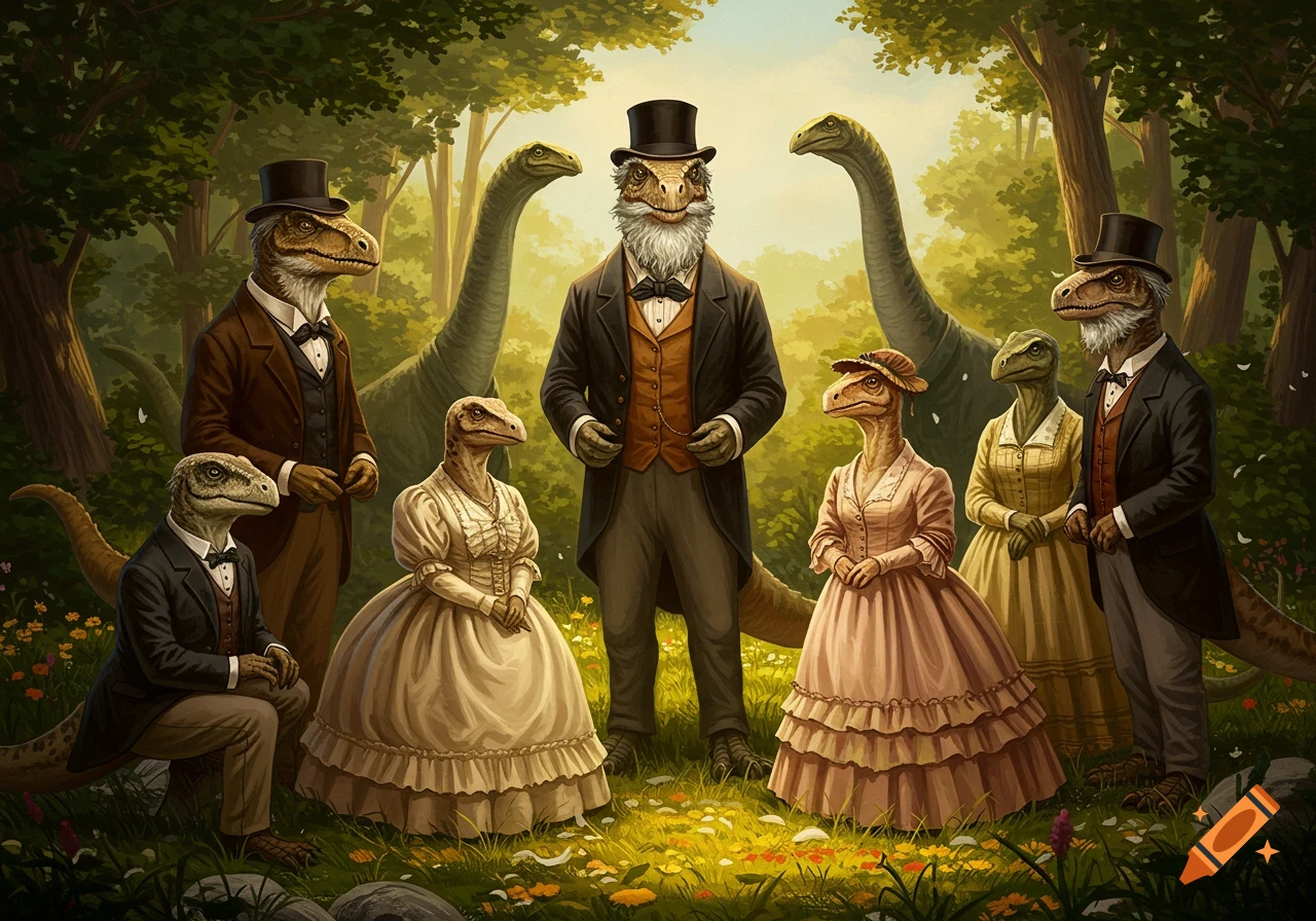 A group of anthropomorphic dinosaurs dressed in Victorian-era formal attire gathers in a lush forest clearing.