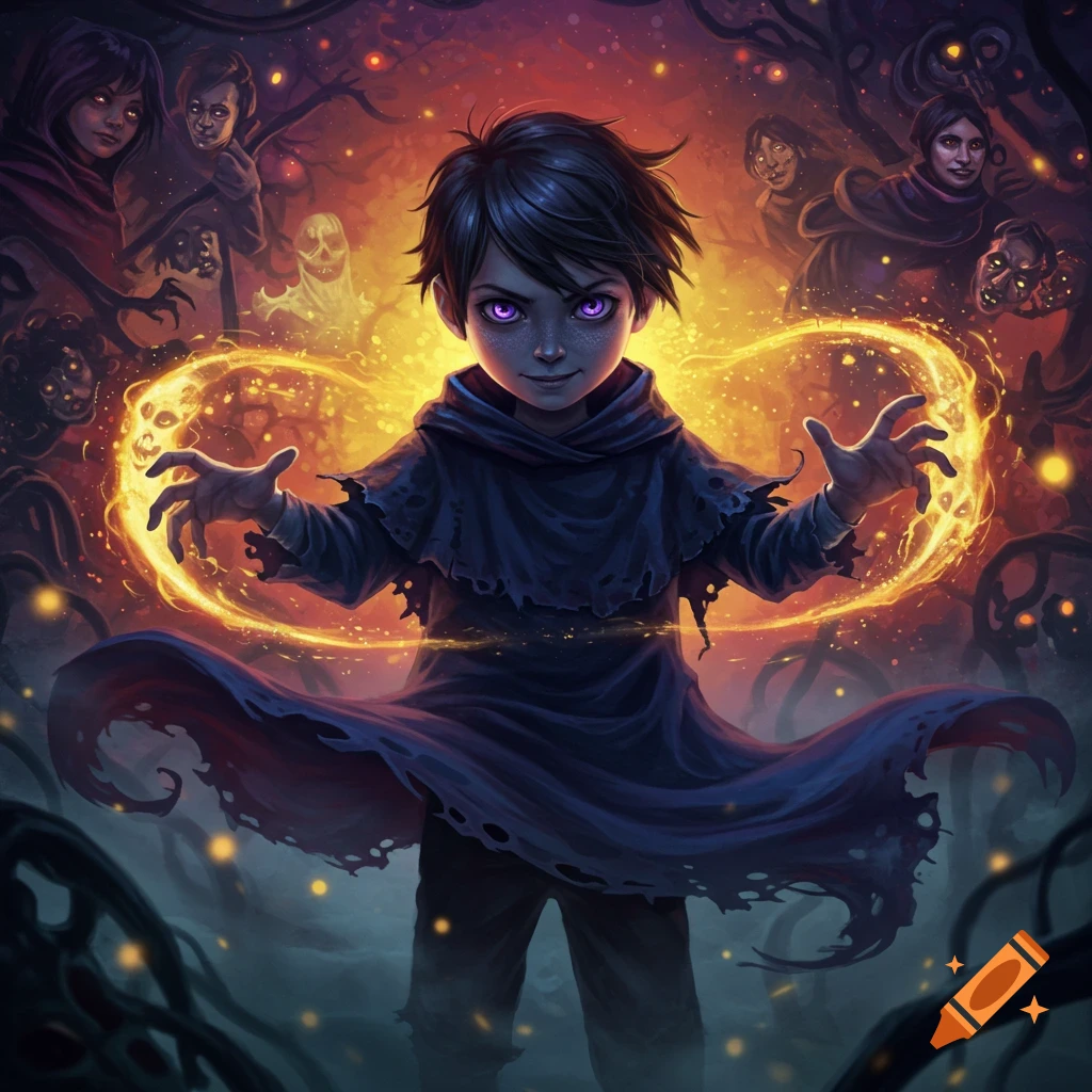 A dark-haired boy with glowing purple eyes in a tattered robe casts a spell, surrounded by golden energy and spooky faces in a dark fantasy digital painting.