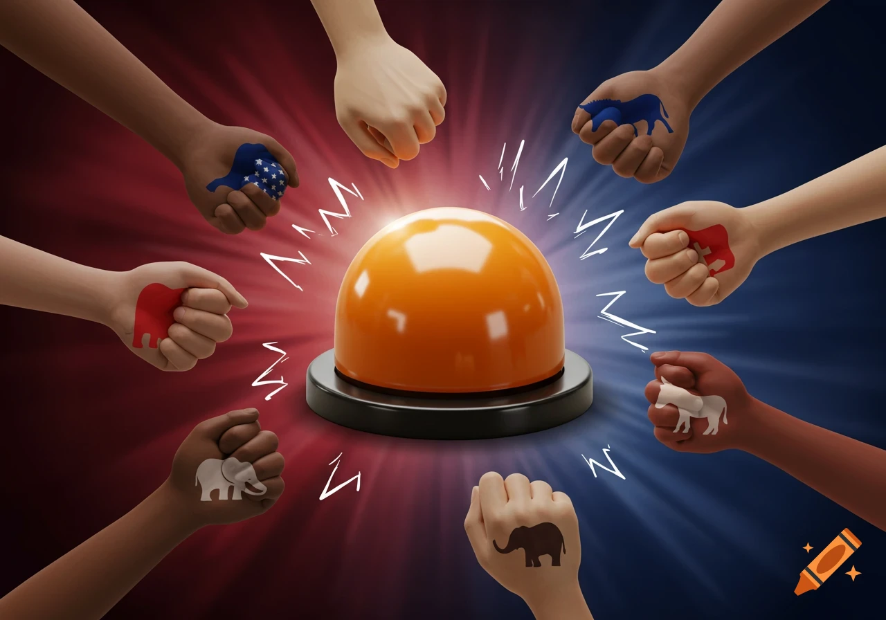 Diverse hands with political symbols (elephants, donkeys, US flag) reaching for a glowing orange buzzer on a red and blue background.