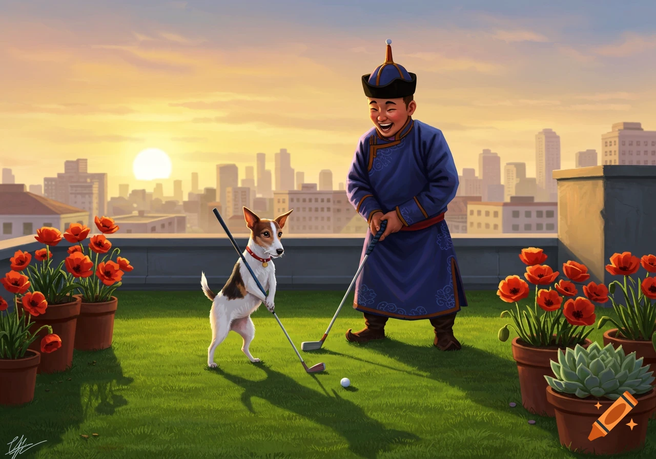 A smiling Mongolian man and a rat terrier play golf on a rooftop, with a city skyline and sunset in the background. Digital art.