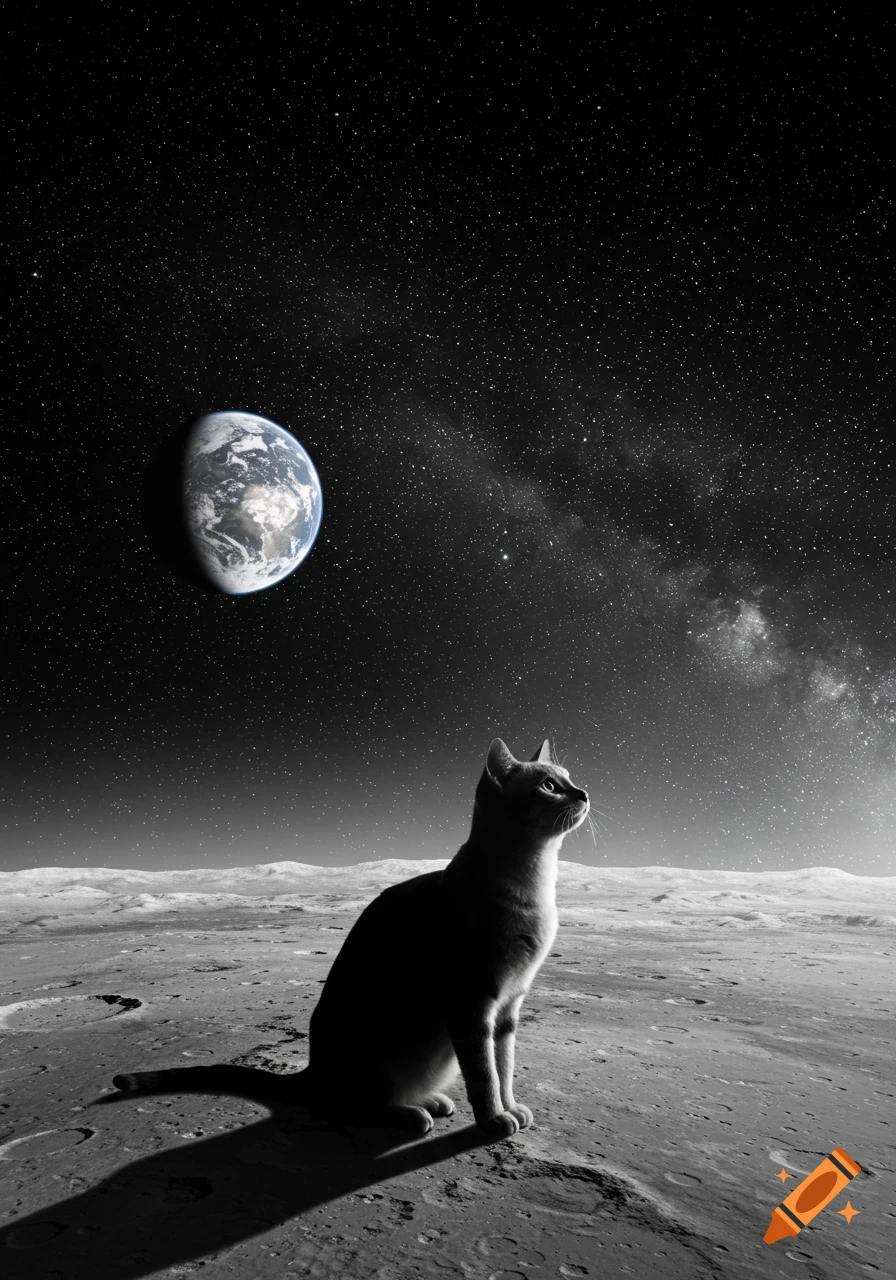 A domestic cat sits on the moon's surface, looking up at Earth and a starry sky. Photorealistic style.