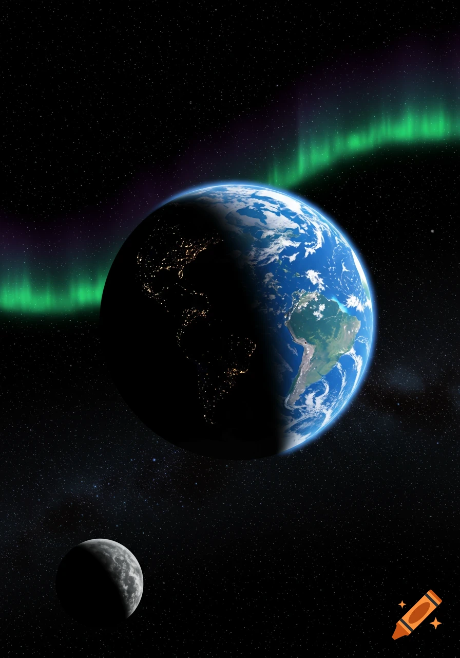 Earth from space, showing day and night sides with city lights, the moon, stars, and green aurora.