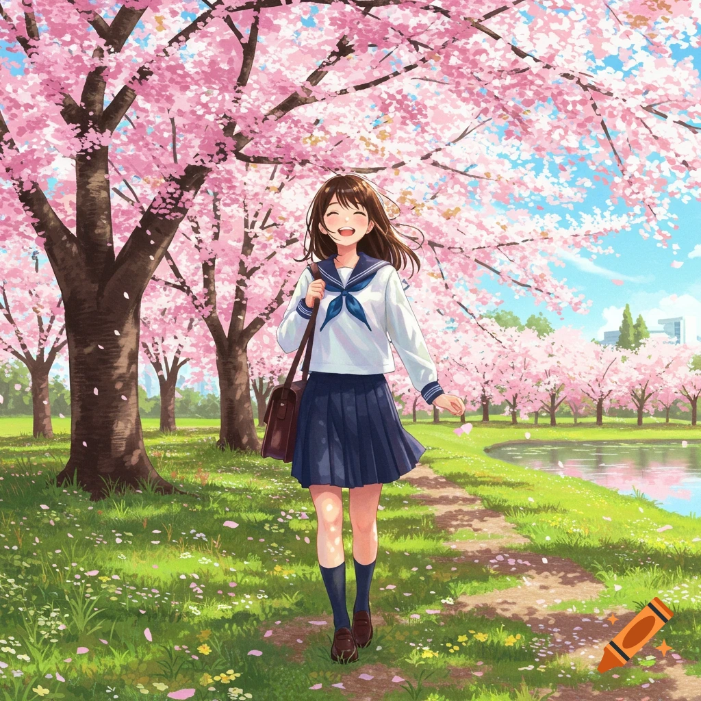 An anime schoolgirl smiles while walking on a path through a park full of pink cherry blossom trees, with a lake in the background.