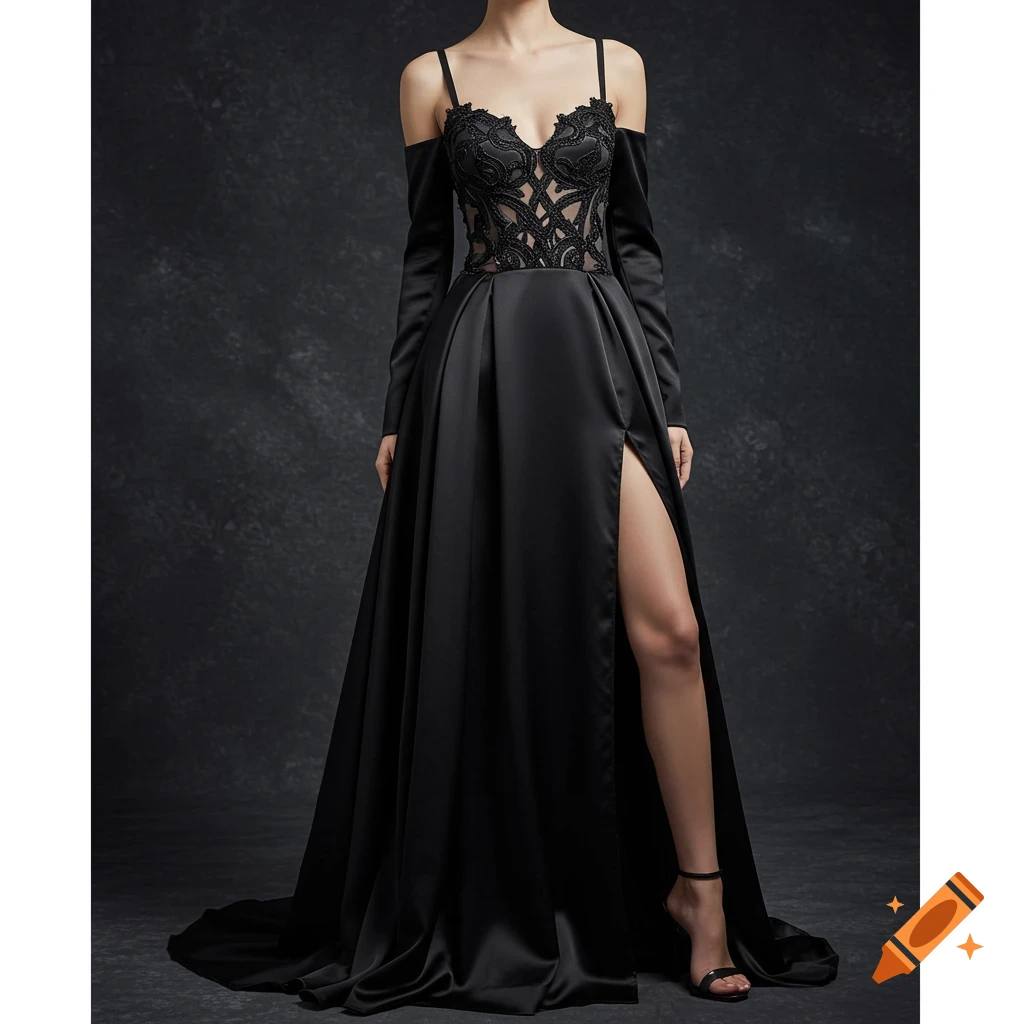 A woman in a long, elegant black satin gown with a high slit, lace bodice, and off-the-shoulder sleeves.