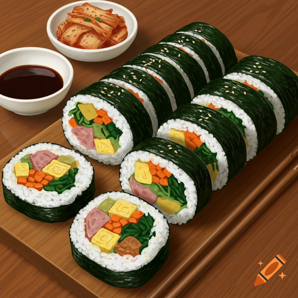 Multiple kimbap rolls and slices with kimchi and soy sauce on a wooden board, in a vibrant illustrative style.