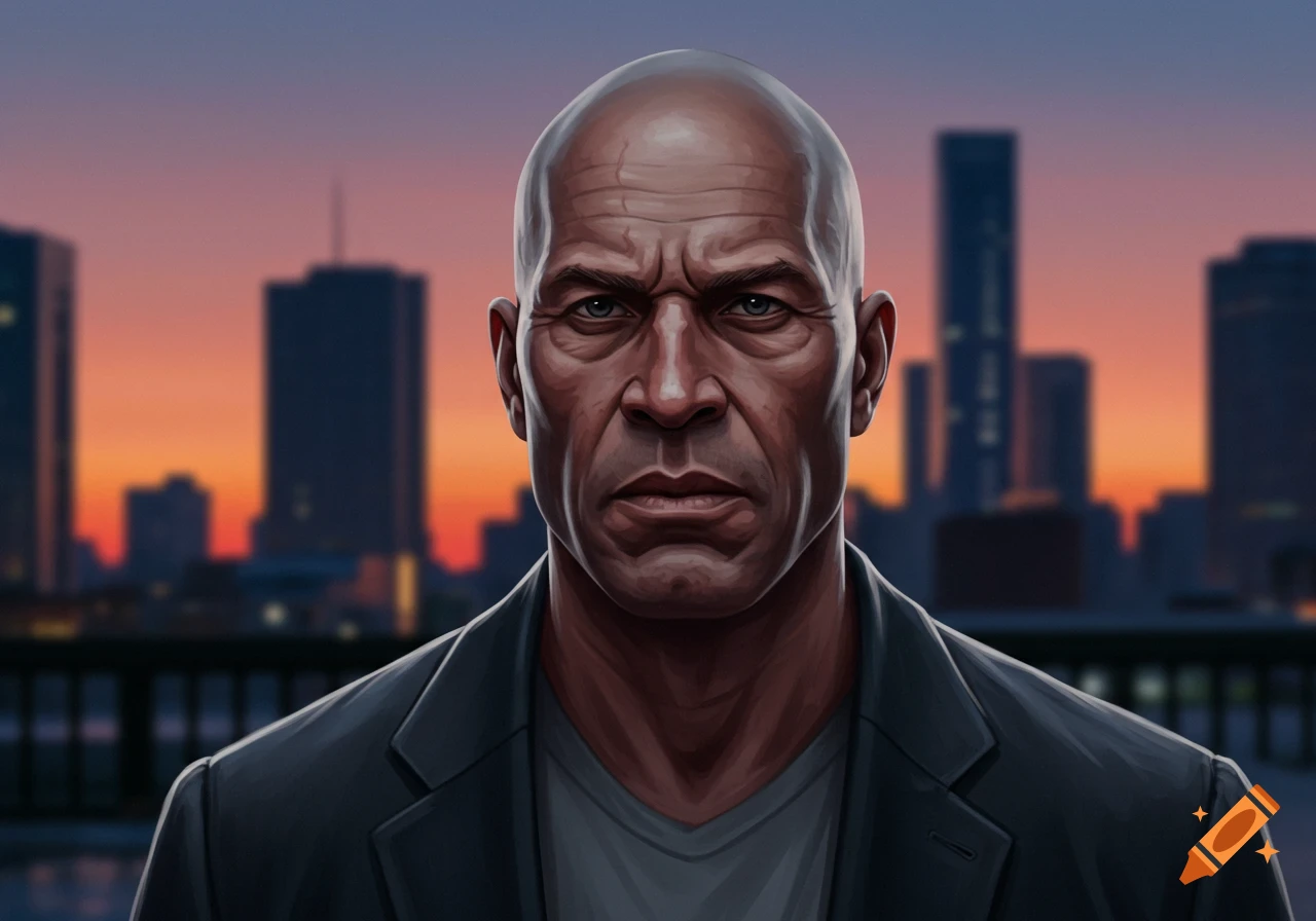 Close-up digital art portrait of a serious bald man in a suit jacket against a sunset city skyline.