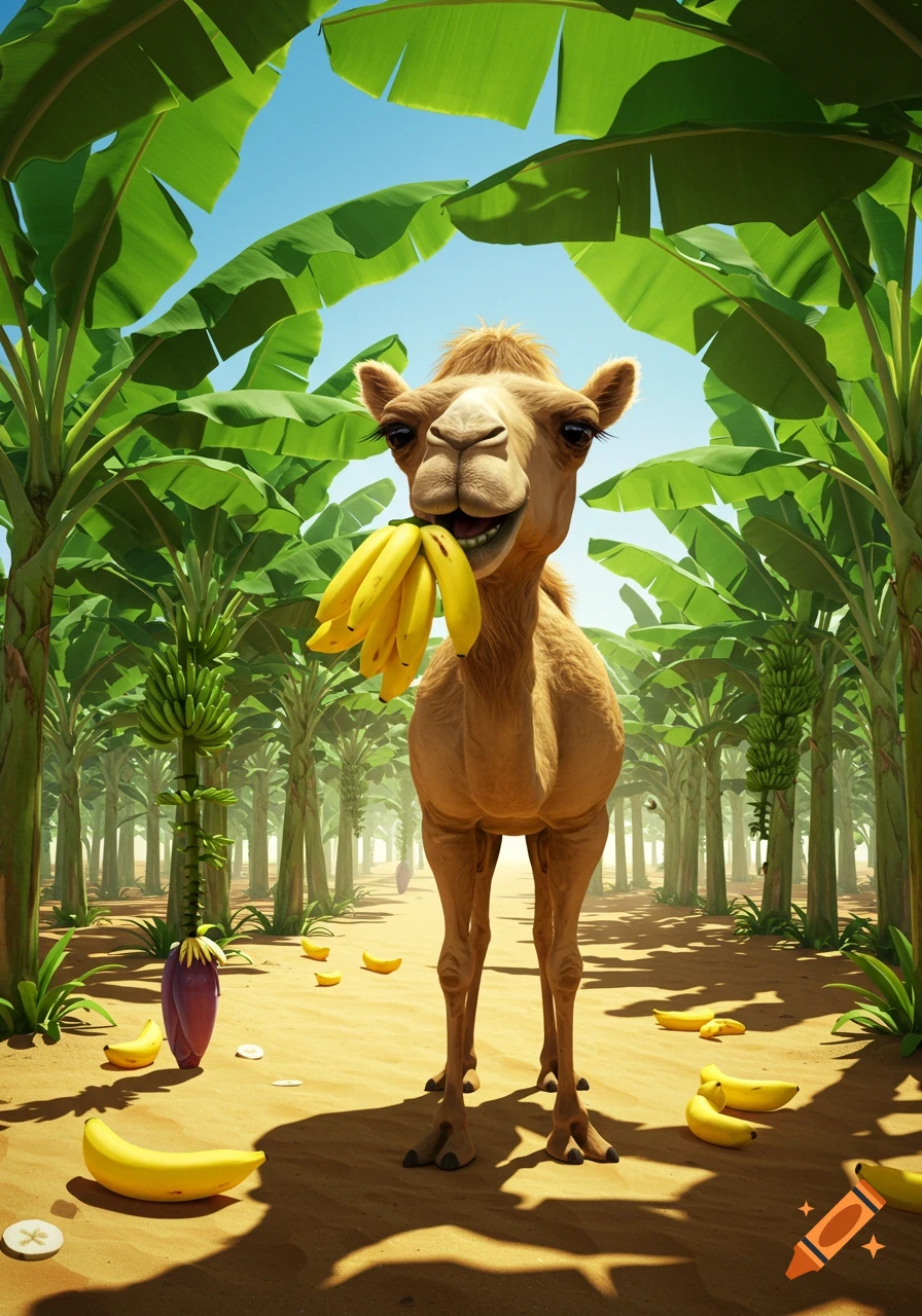 A cartoon camel happily eating a bunch of bananas while standing in a sunny banana farm.