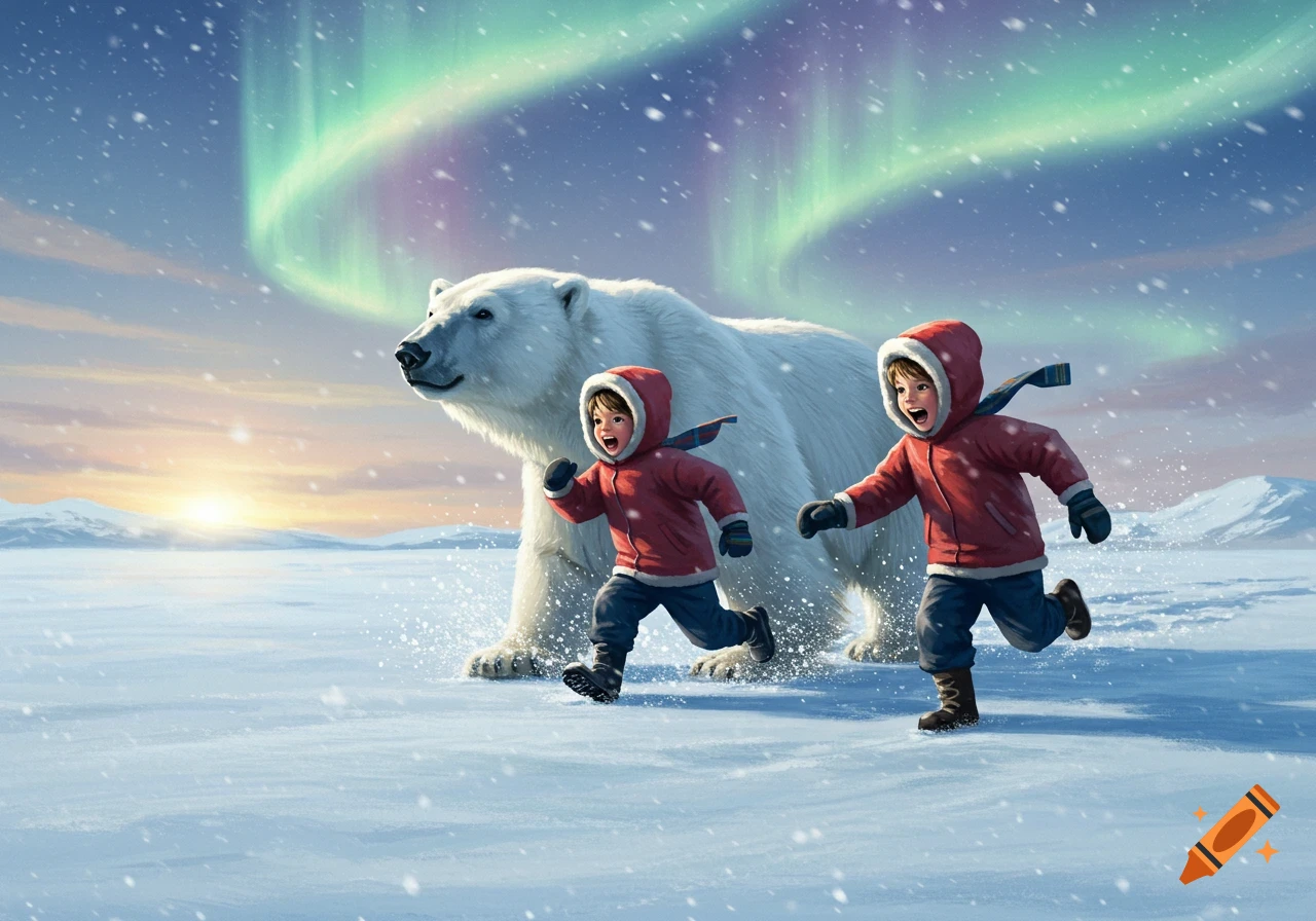 Two smiling children in red coats run alongside a polar bear in a snowy arctic landscape under the green aurora borealis.