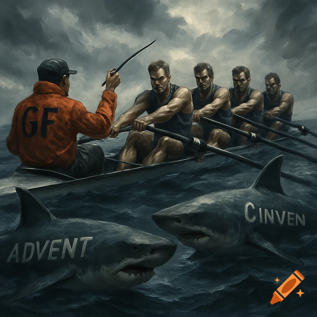 Dramatic illustration of a rowing team on a stormy sea, attacked by sharks labeled 'ADVENT' and 'CINVEN'.