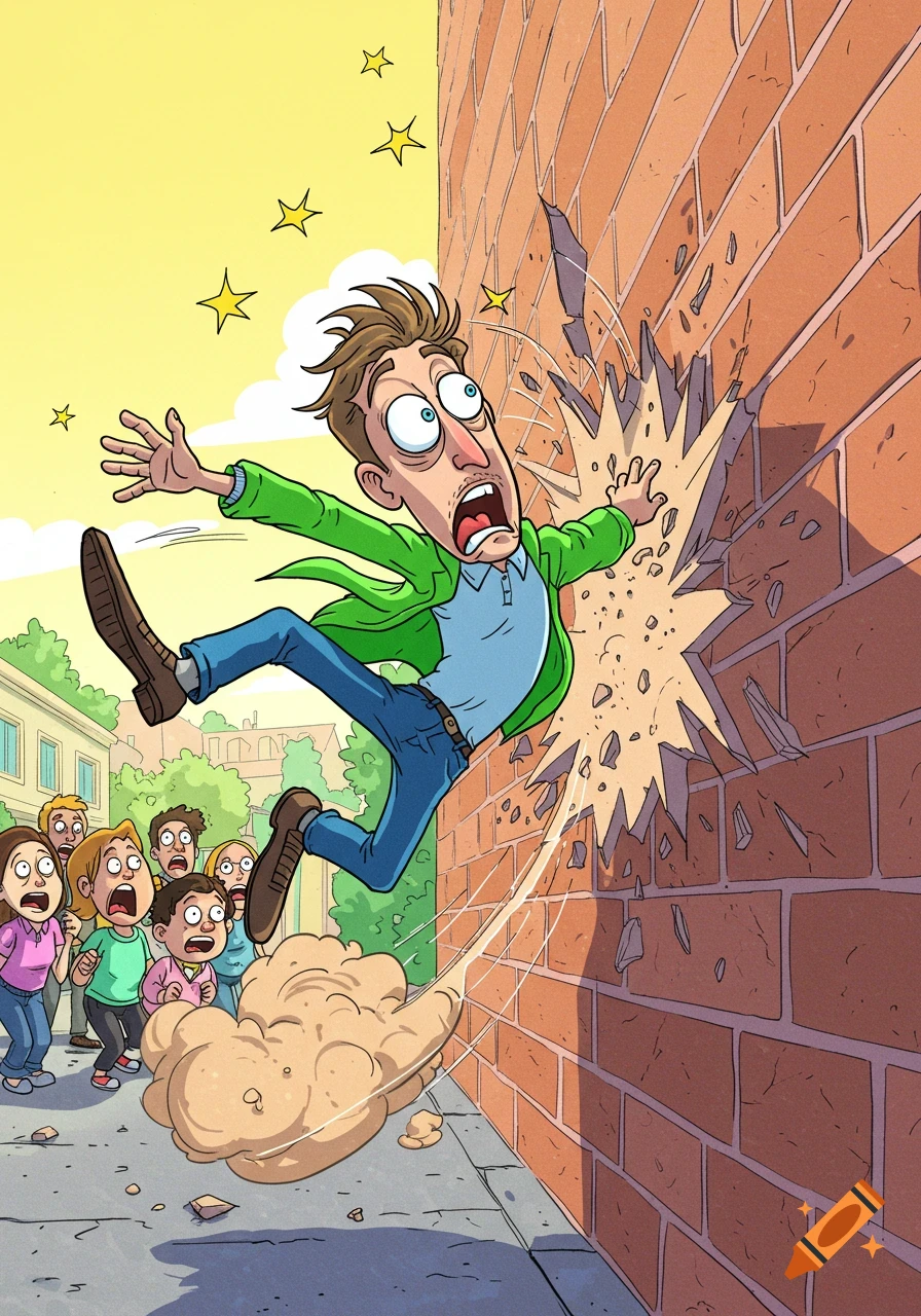 Cartoon man in a green jacket and blue jeans being kicked into a brick wall on a street, watched by a shocked crowd.